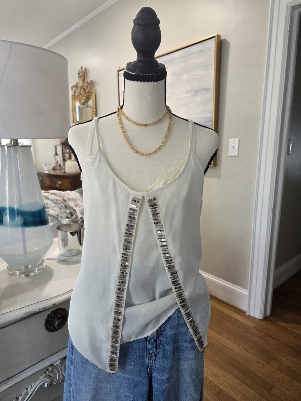 DEPRI Cream Rhinestone Embellished Camisole | Size Small